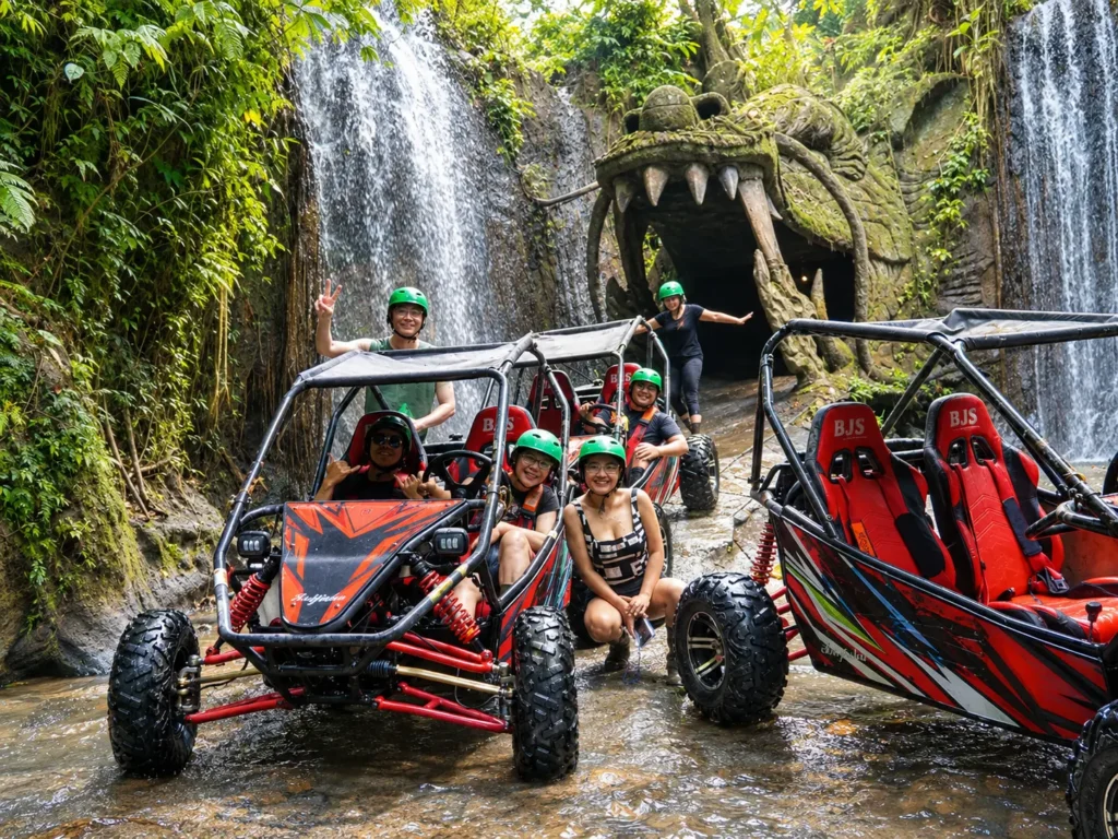 Bali buggy tour stopping at Dragon Cave and waterfall in Ubud